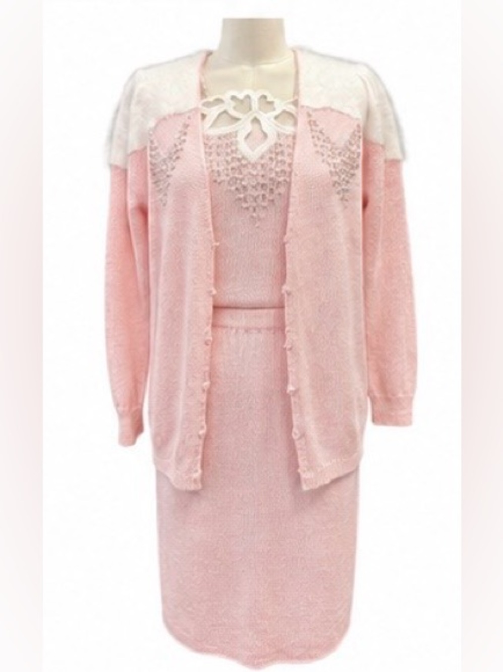 Elizabeth of New York Vintage 1980’s 3 Piece Soft Pink Beaded Knit Set, size 10